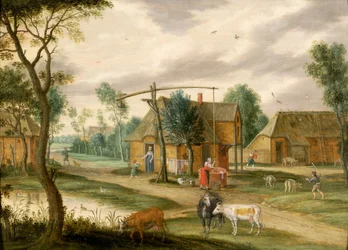 Paisagem vila, com, um, mulher, desenho, água, de, um, poço, (panel)